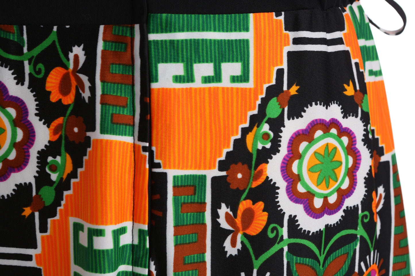 1970s Jumpsuit / Black Top / Bell Bottom / Geometrical Print Pants