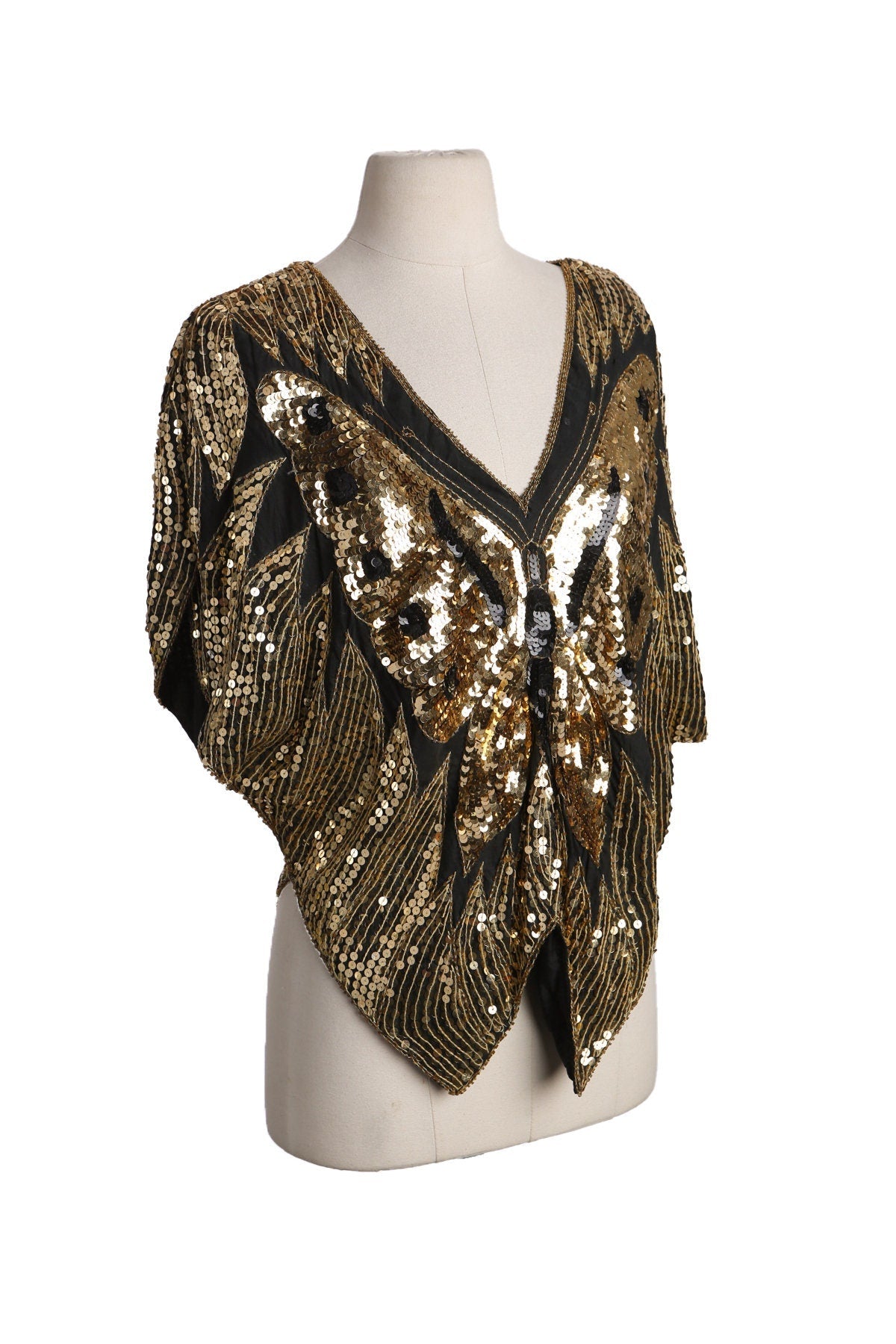 Vintage Golden Sequin Buttle Fly Top - Era 70s - 80s - Disco