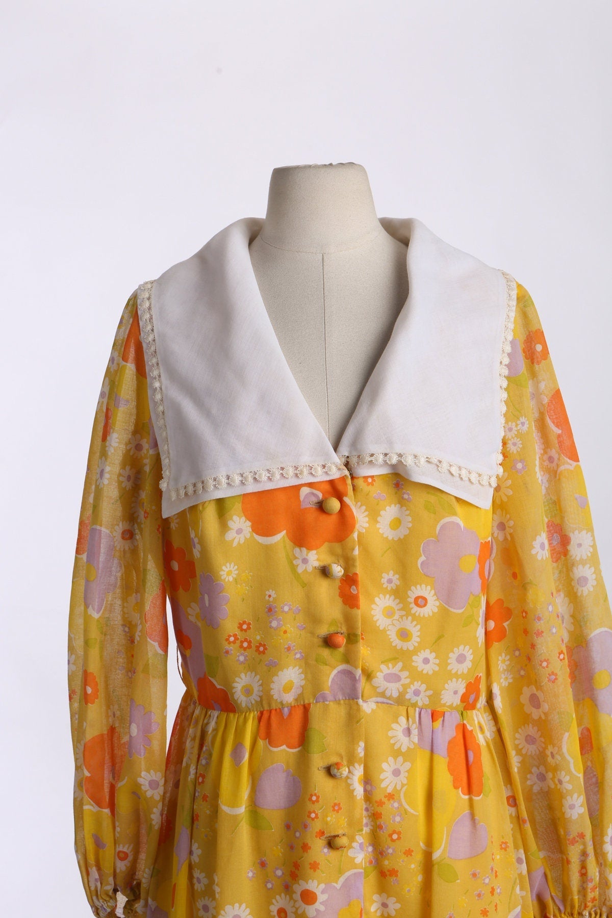 Women 70s Floral Print Yellow Summer Dress