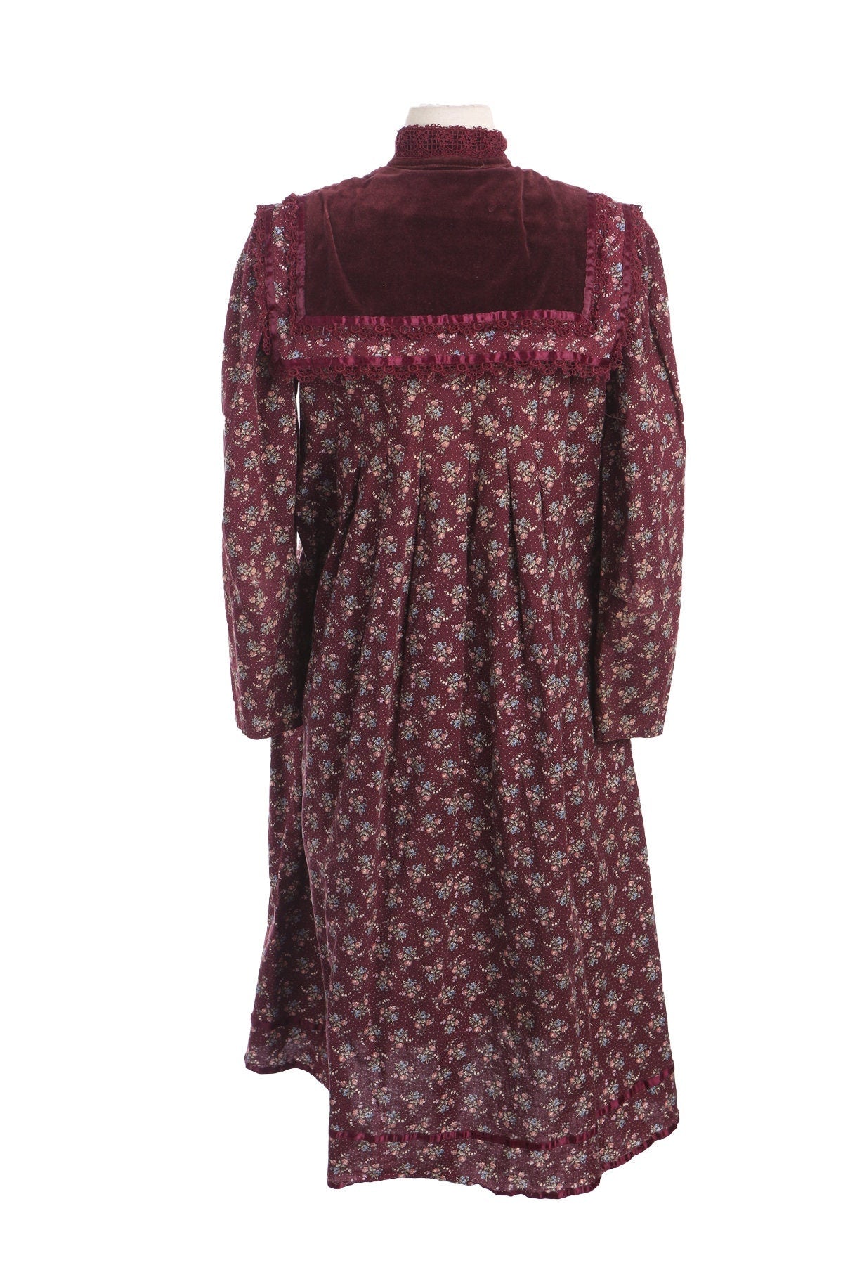 Vintage Prairie Dress with Red Flower Print Fabric and Velvet Shoulder Details