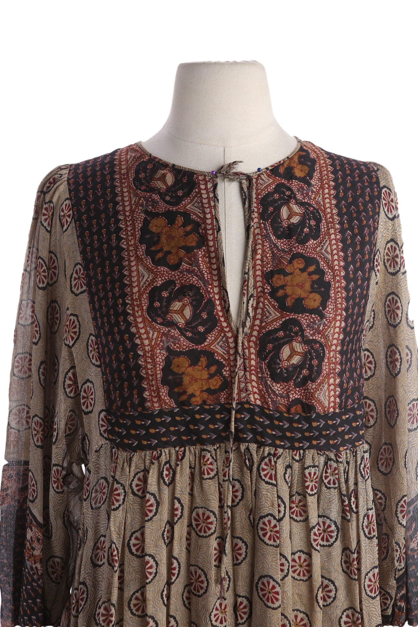 Vintage Women Silk Floral Hand Block Print Boho Dress by Phool - Estimated Era 1960's - 1970's