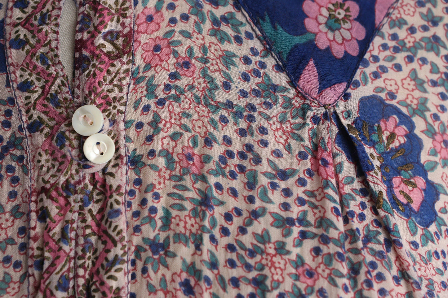 Vintage Boho Indian Dress with Floral Block Print Sheer Fabric Long Sleeve