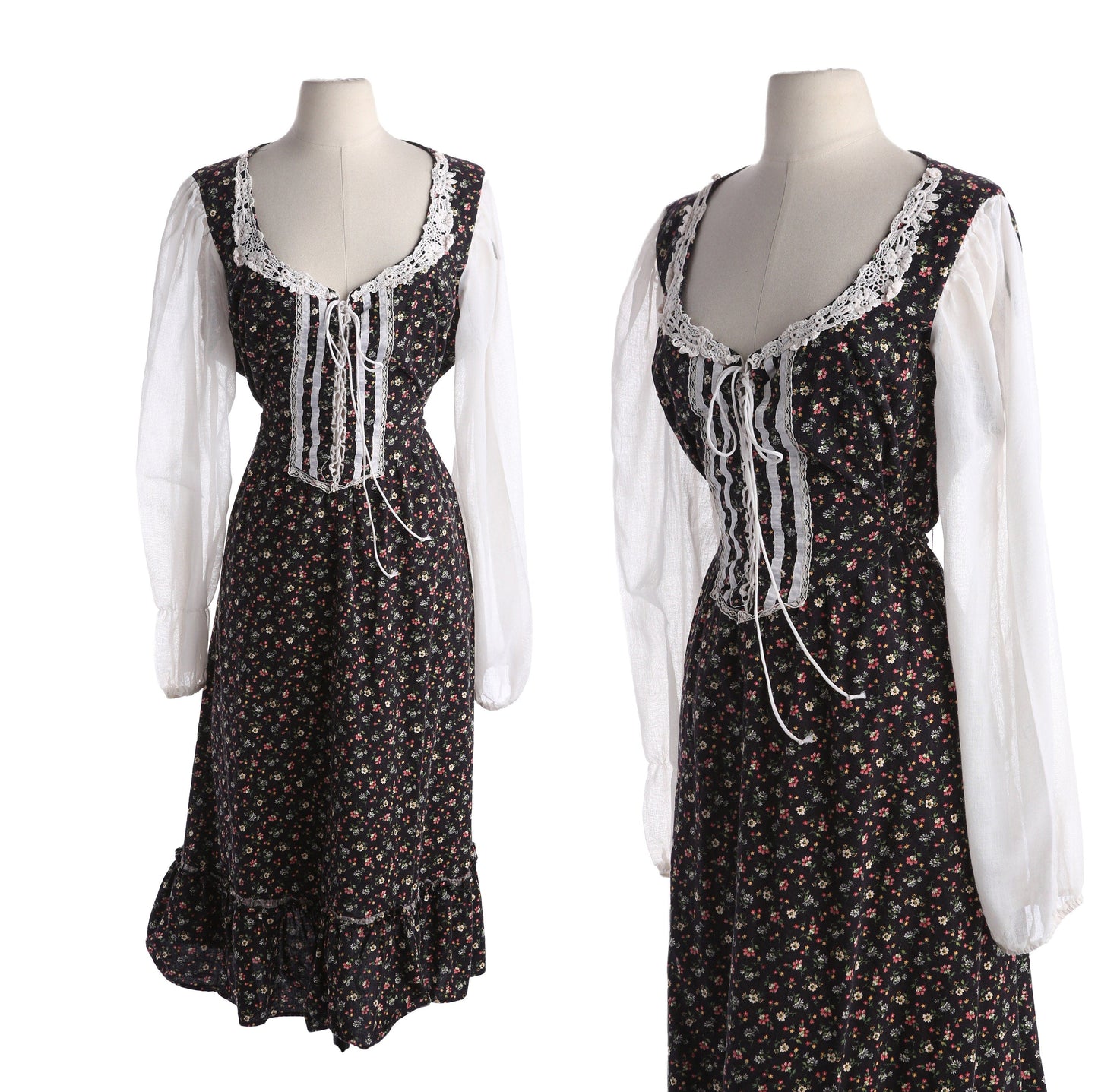 Vintage Floral Print Black Prairie Dress Long White Sleeves