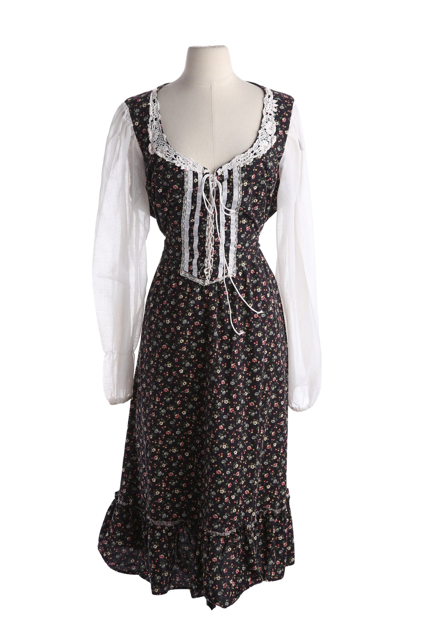 Vintage Floral Print Black Prairie Dress Long White Sleeves
