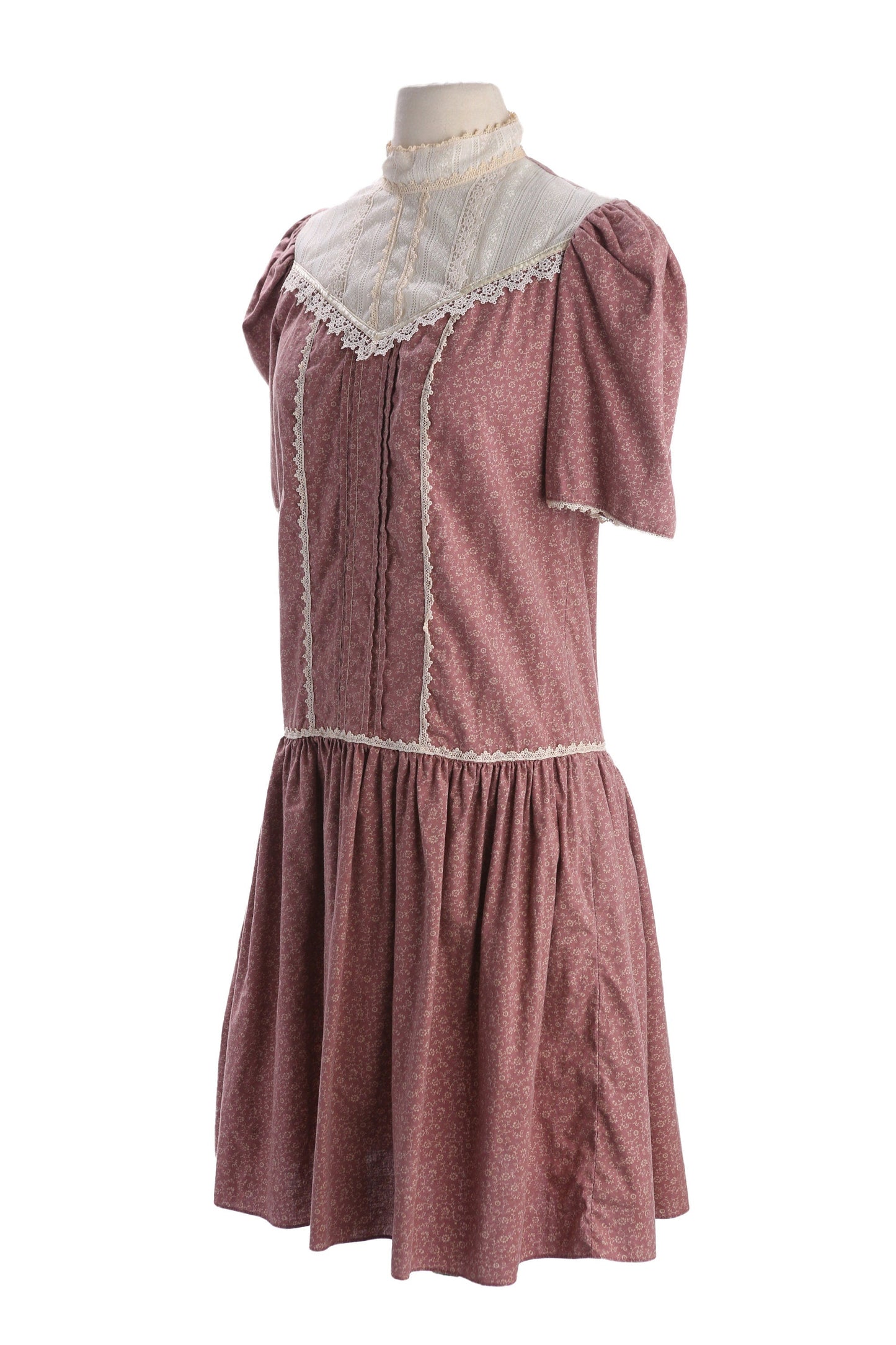 Vintage Woman's Floral Print Brown Casual Dress Short Sleeve White Lace Collar