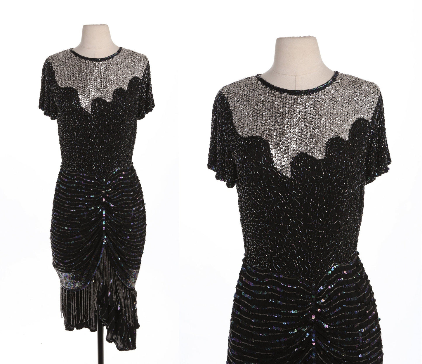 Vintage Sequin Dress / Black and Silver / Short Sleeve / Evening / 1980s - 1990s