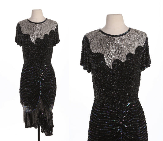 Vintage Sequin Dress / Black and Silver / Short Sleeve / Evening / 1980s - 1990s