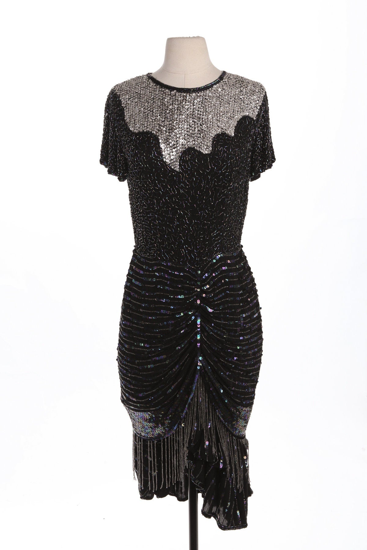 Vintage Sequin Dress / Black and Silver / Short Sleeve / Evening / 1980s - 1990s
