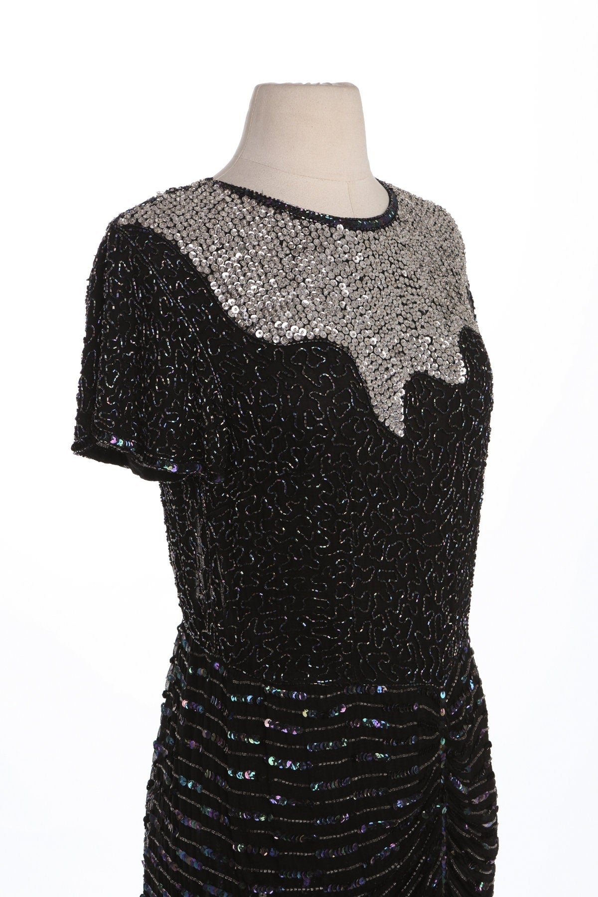 Vintage Sequin Dress / Black and Silver / Short Sleeve / Evening / 1980s - 1990s