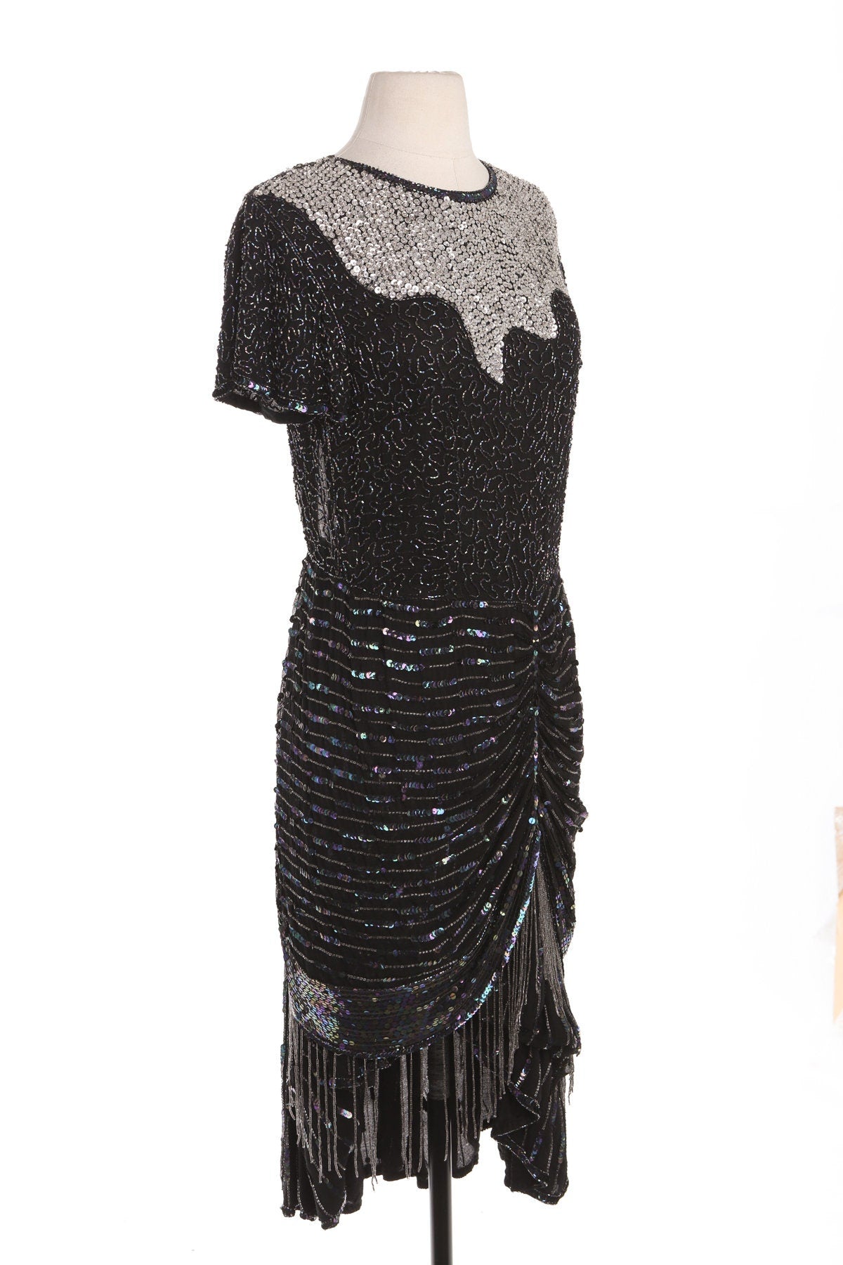 Vintage Sequin Dress / Black and Silver / Short Sleeve / Evening / 1980s - 1990s