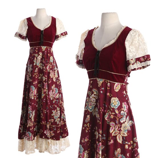 Vintage Gunne Sax Dress / Red Velvet Chest Top / Floral Print Bottom Fabric Pattern / Short Sleeve / A Line Shape Waist Belt