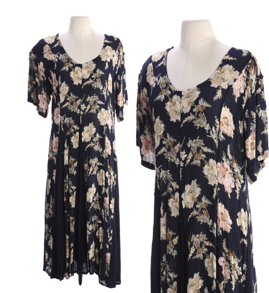 90s Floral Print Black Maxi Rayon Dress by Nostalgia Made in India 100% Rayon Vintage Size Small