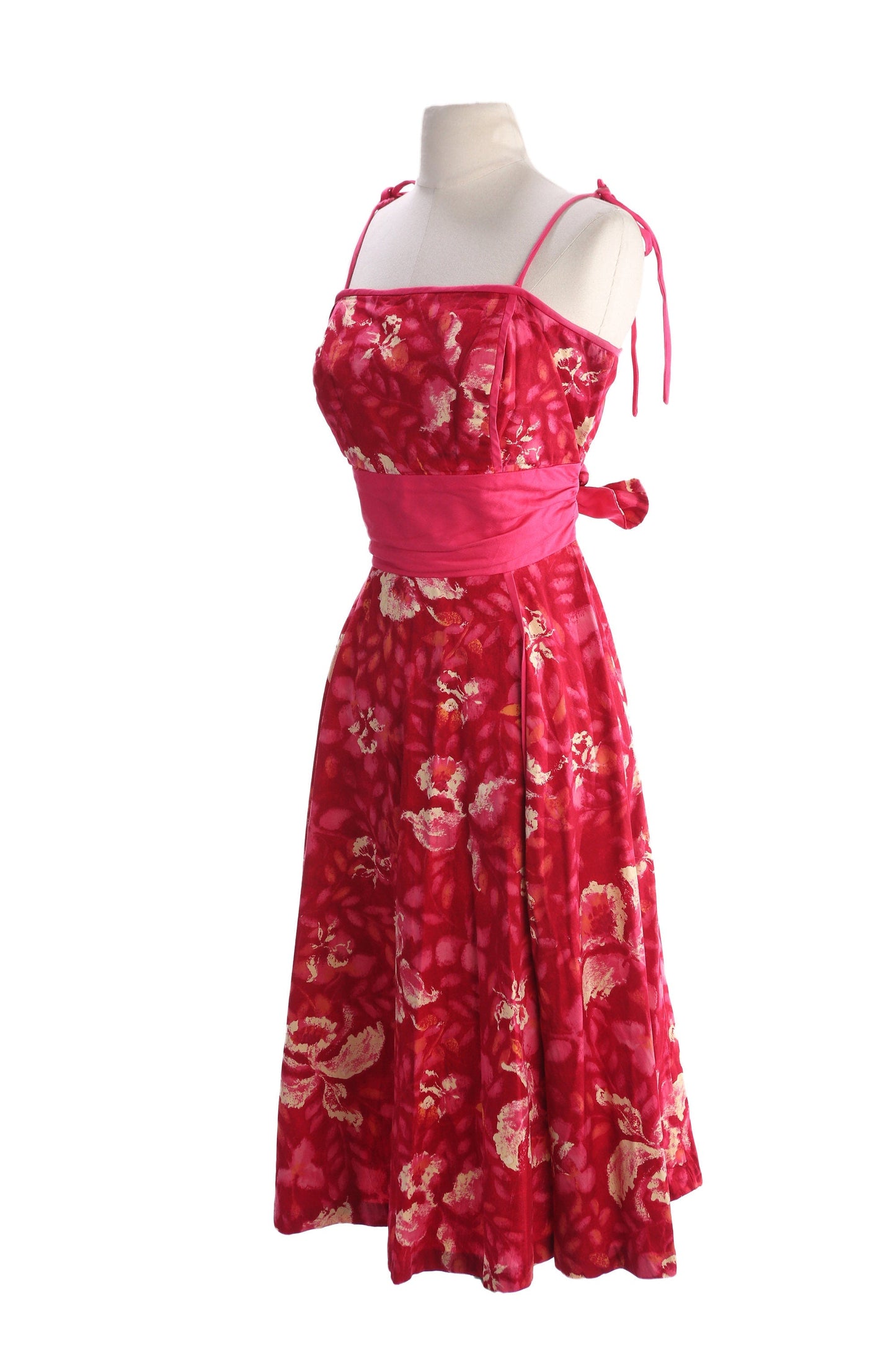 Vintage Hawaiian Dress - Red Floral Print - Estimated Era 1940's - 1950's