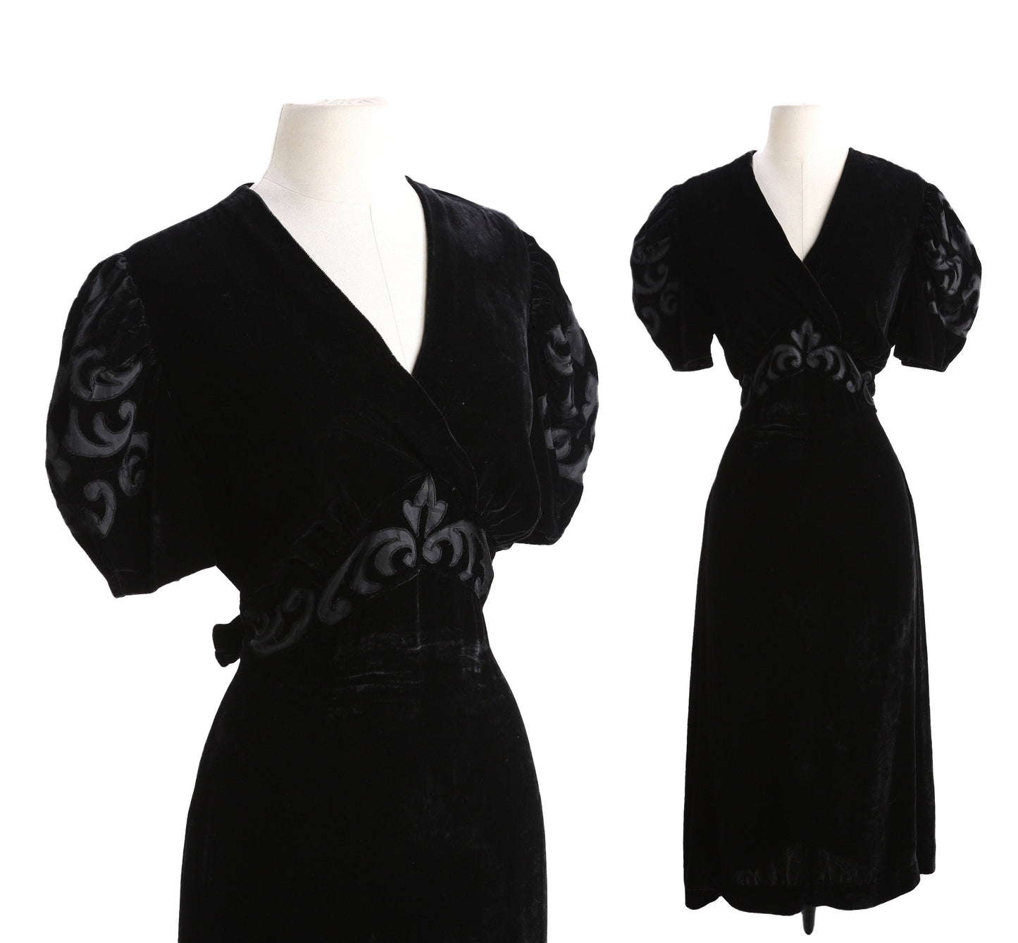 Vintage Women's Black Velvet Long Elegant Evening Dress Short Sleeves - Era 1930's - 1940's