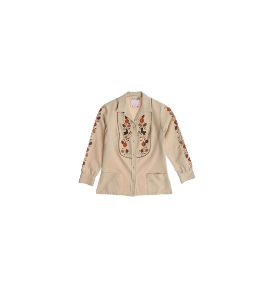 70s Women Mod Poly Bouse with Embroidered Floral Designs