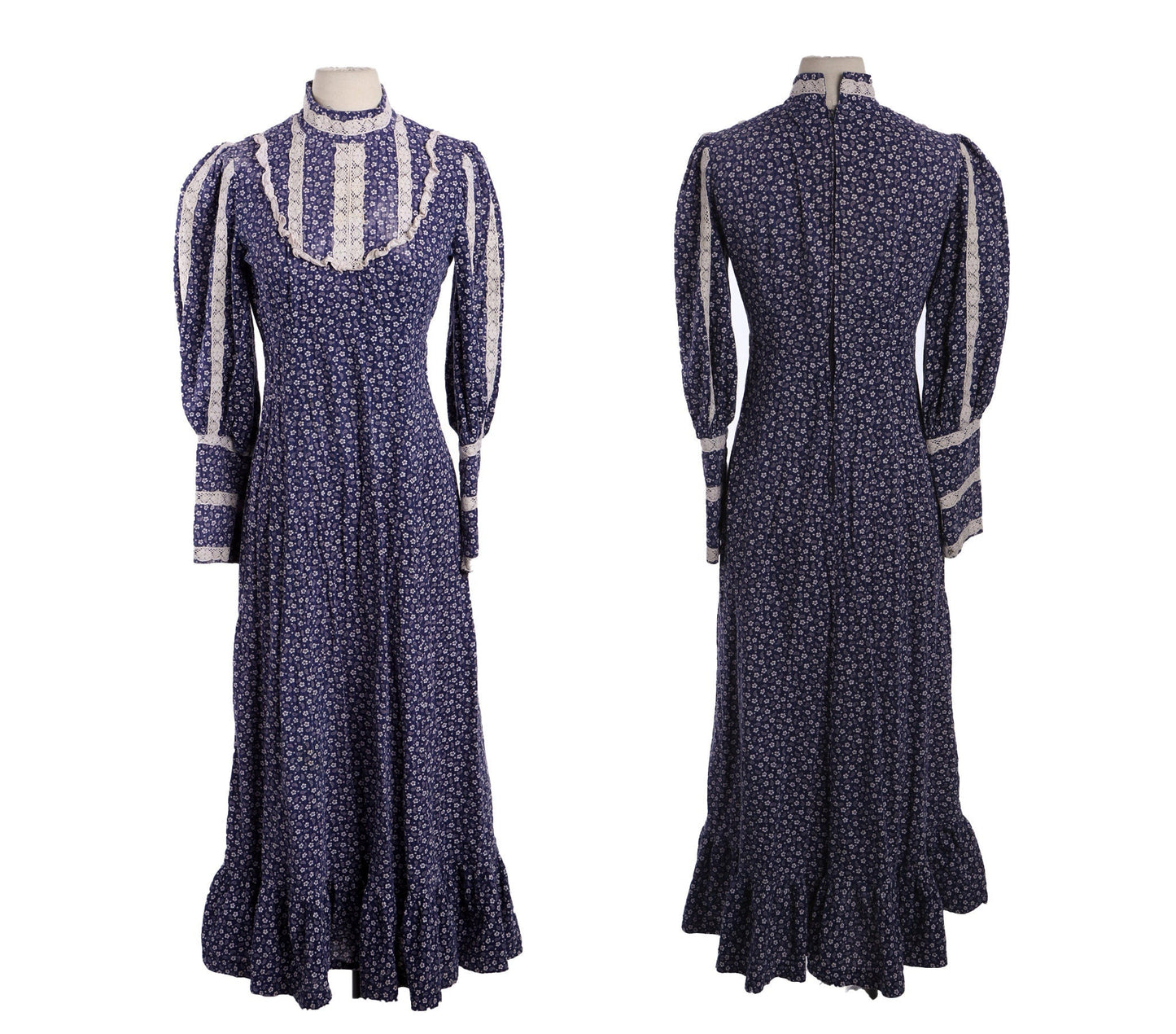 Vintage Blue Floral Print Long Prairie Dress - Era 70s - 80s