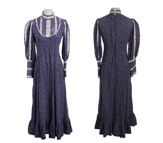 Vintage Blue Floral Print Long Prairie Dress - Era 70s - 80s
