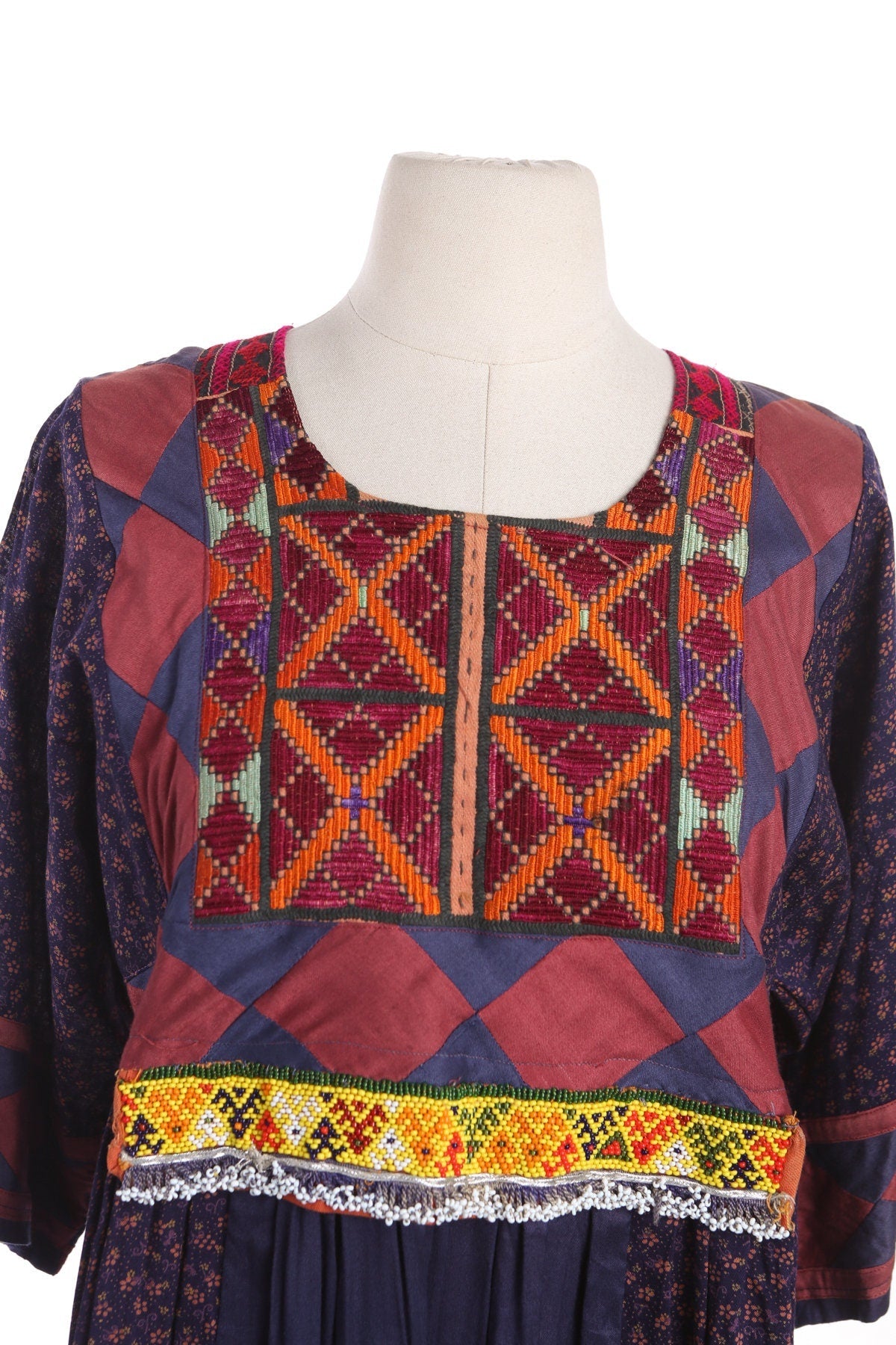 Vintage Ethnic Dress with Floral Print and Embroidered Designs