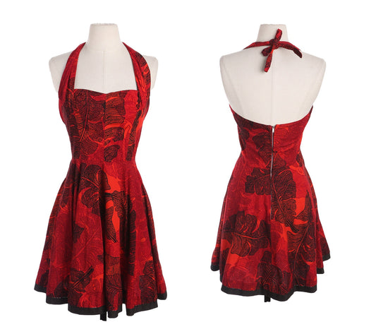 1940s Women Red Hawaiian Print Summer Halter Dress