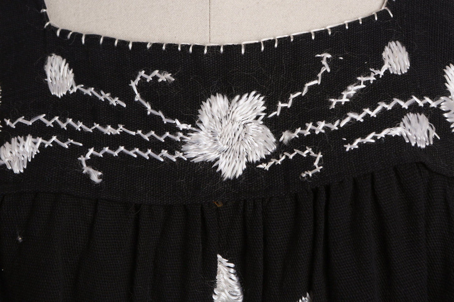 Vintage Black Embroidered Dress with White/Silver Flower Embroidery Designs