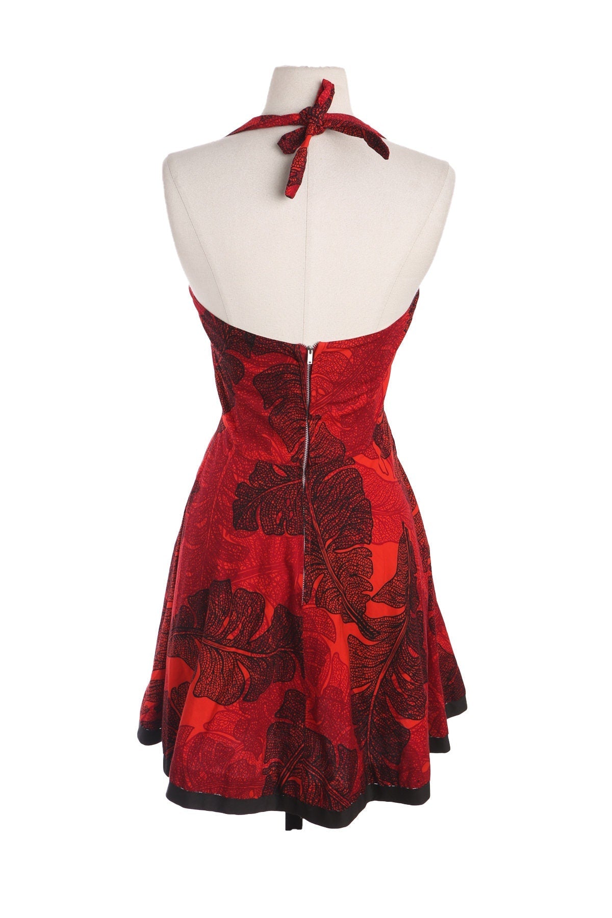 1940s Women Red Hawaiian Print Summer Halter Dress