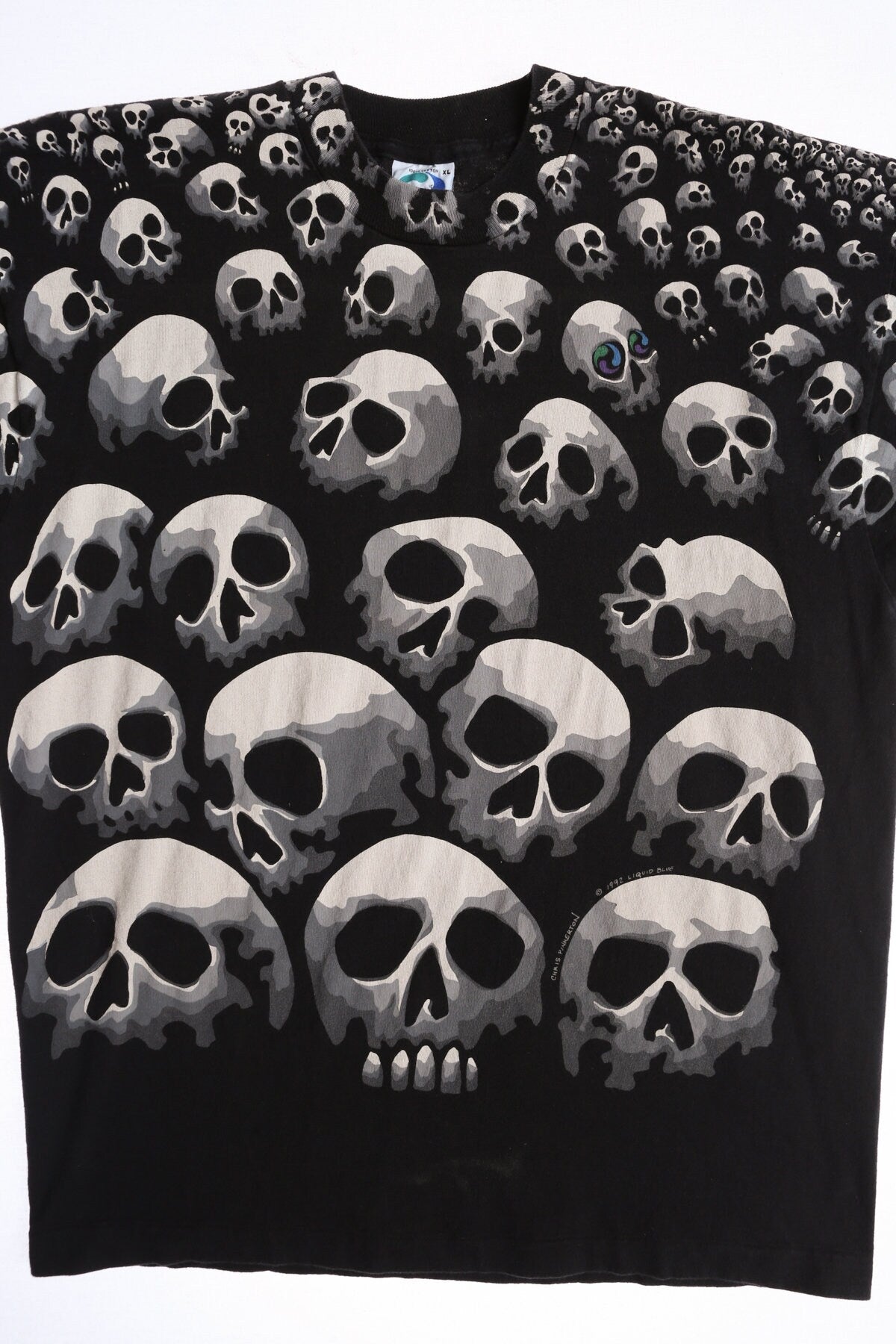 Liquid Blue Skeleton Faces Black Graphic T-shirt