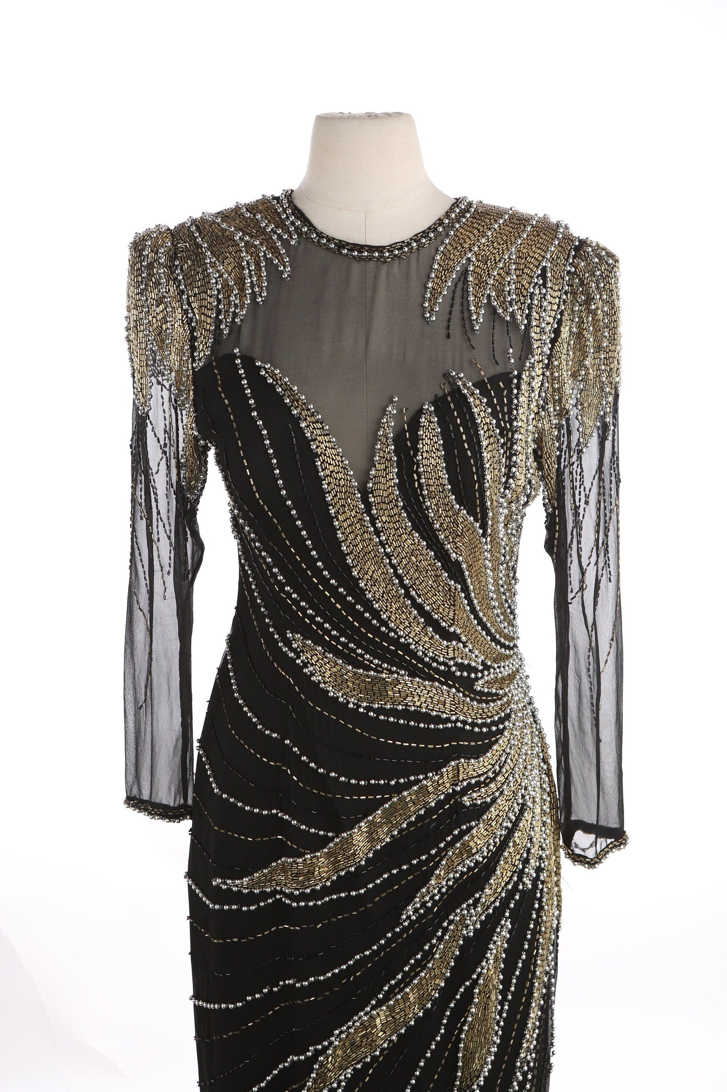 Vintage Women's Black Sequin Dress with Golden and Faux Pearl Bead Designs by Sho Max Originals/ Estimated Era 80s - 90s
