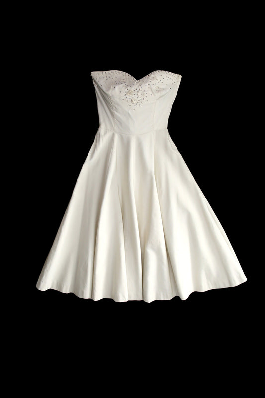 1950's White Evening Sleeveless Dress with Pearl and Rhinestone Decorations