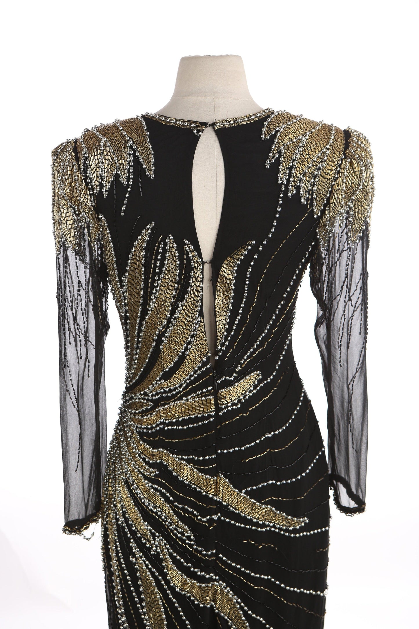 Vintage Women's Black Sequin Dress with Golden and Faux Pearl Bead Designs by Sho Max Originals/ Estimated Era 80s - 90s