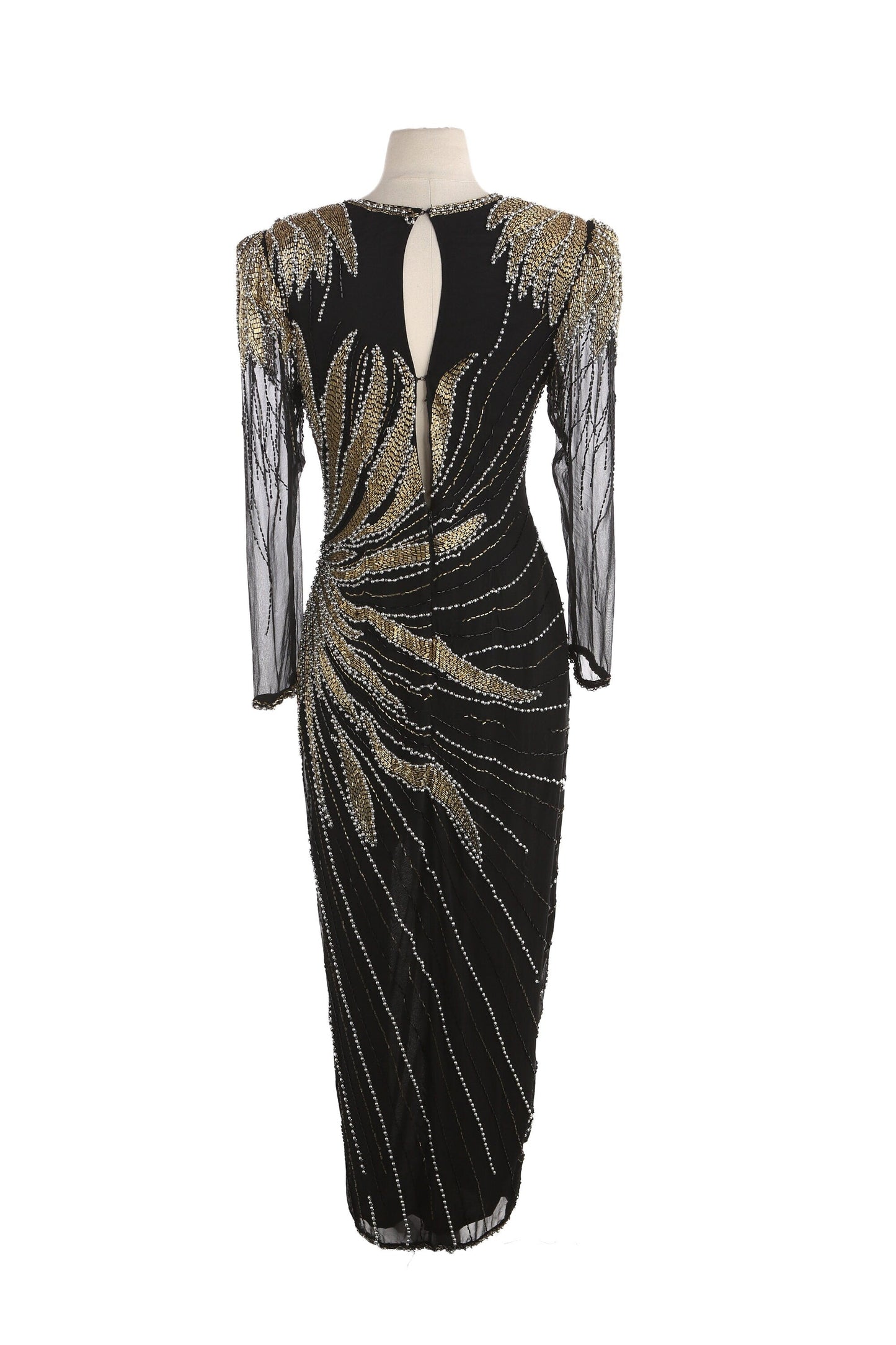 Vintage Women's Black Sequin Dress with Golden and Faux Pearl Bead Designs by Sho Max Originals/ Estimated Era 80s - 90s