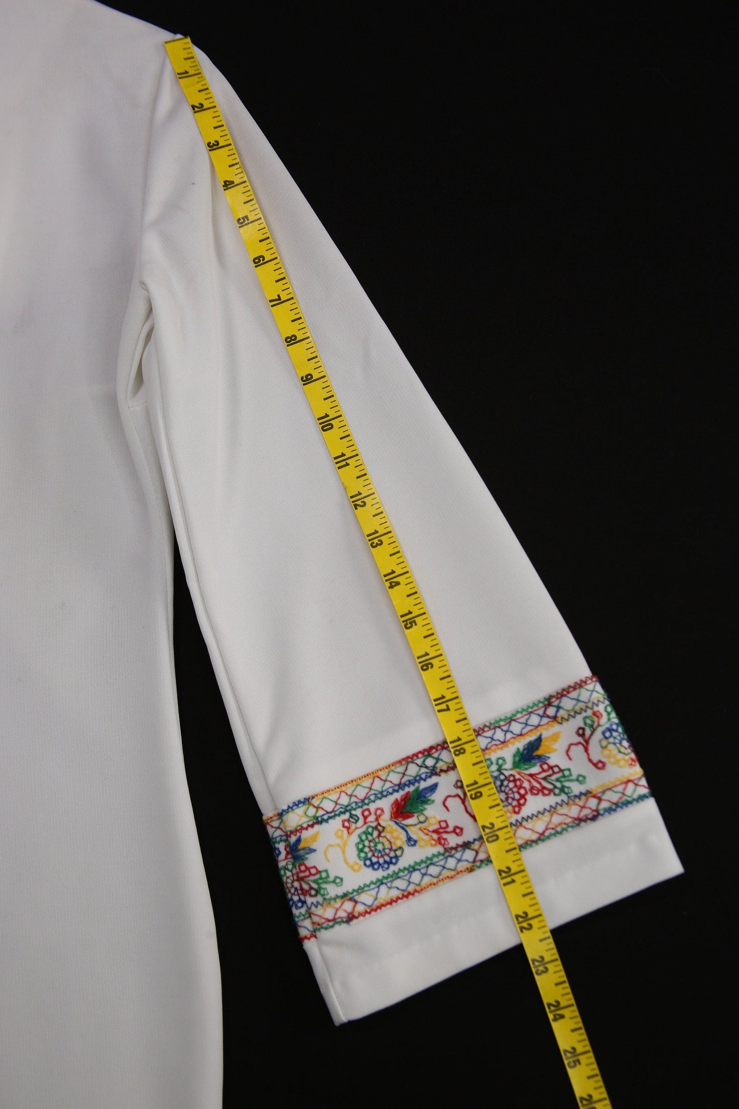 Vintage White Poly Jumpsuit with Embroidered Flower Chest Detail - Estimated Era 1970's - 1980's