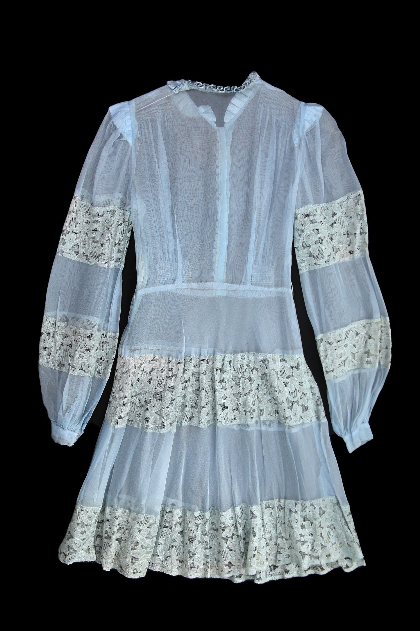 Vintage Women's Blue Sheer Dress with White Lace Patchwork Details - Estimated Era 1930's - 1940's