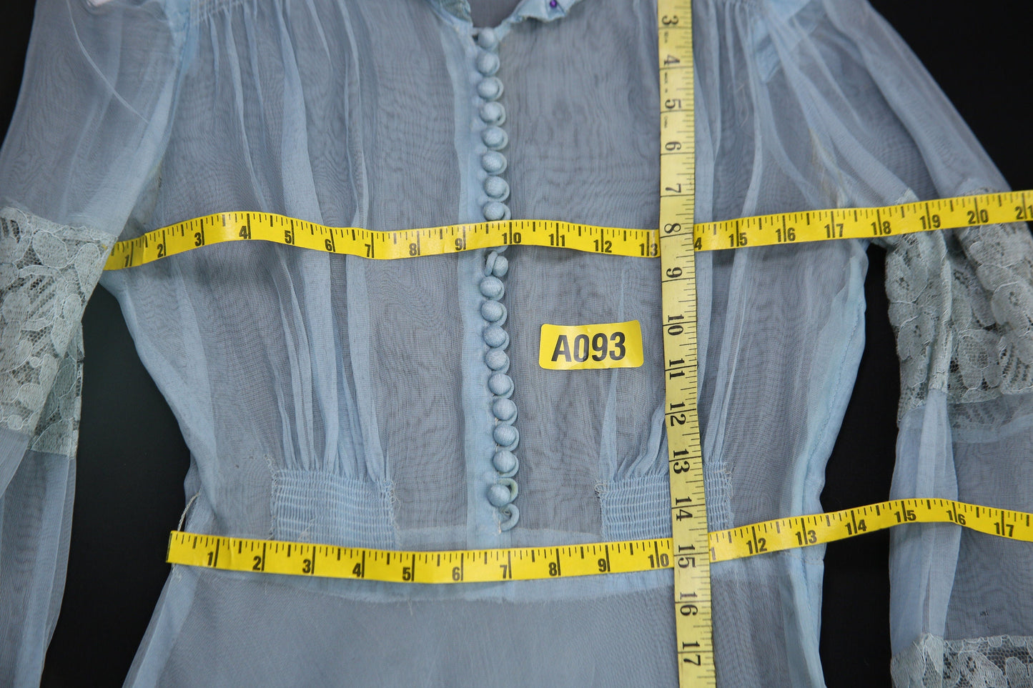 Vintage Women's Blue Sheer Dress with White Lace Patchwork Details - Estimated Era 1930's - 1940's