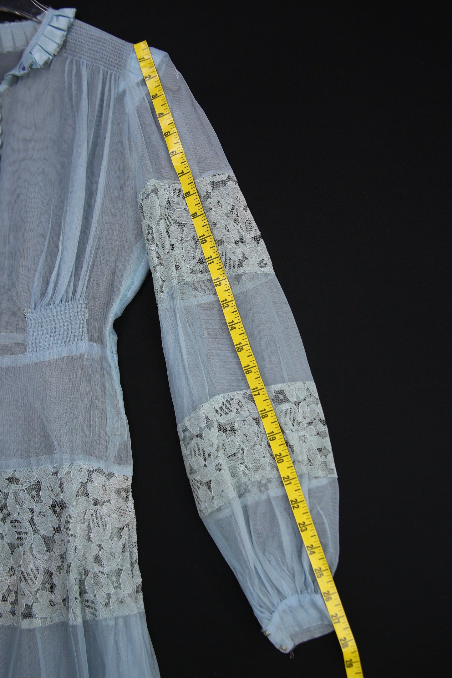 Vintage Women's Blue Sheer Dress with White Lace Patchwork Details - Estimated Era 1930's - 1940's