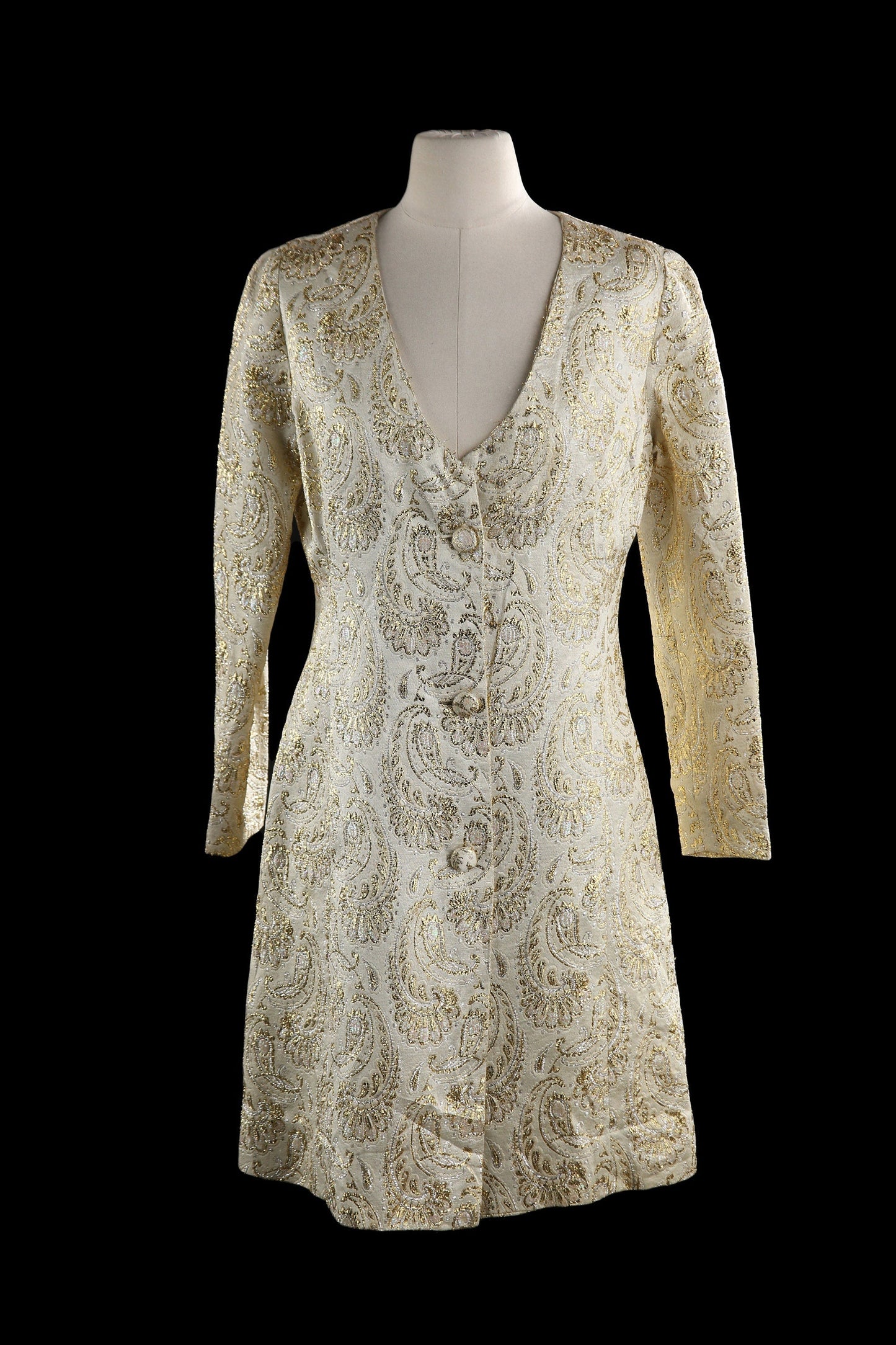 Vintage Button Down Dress with Golden Paisley Fabric Pattern - Estimated Era 1960' - 1970's