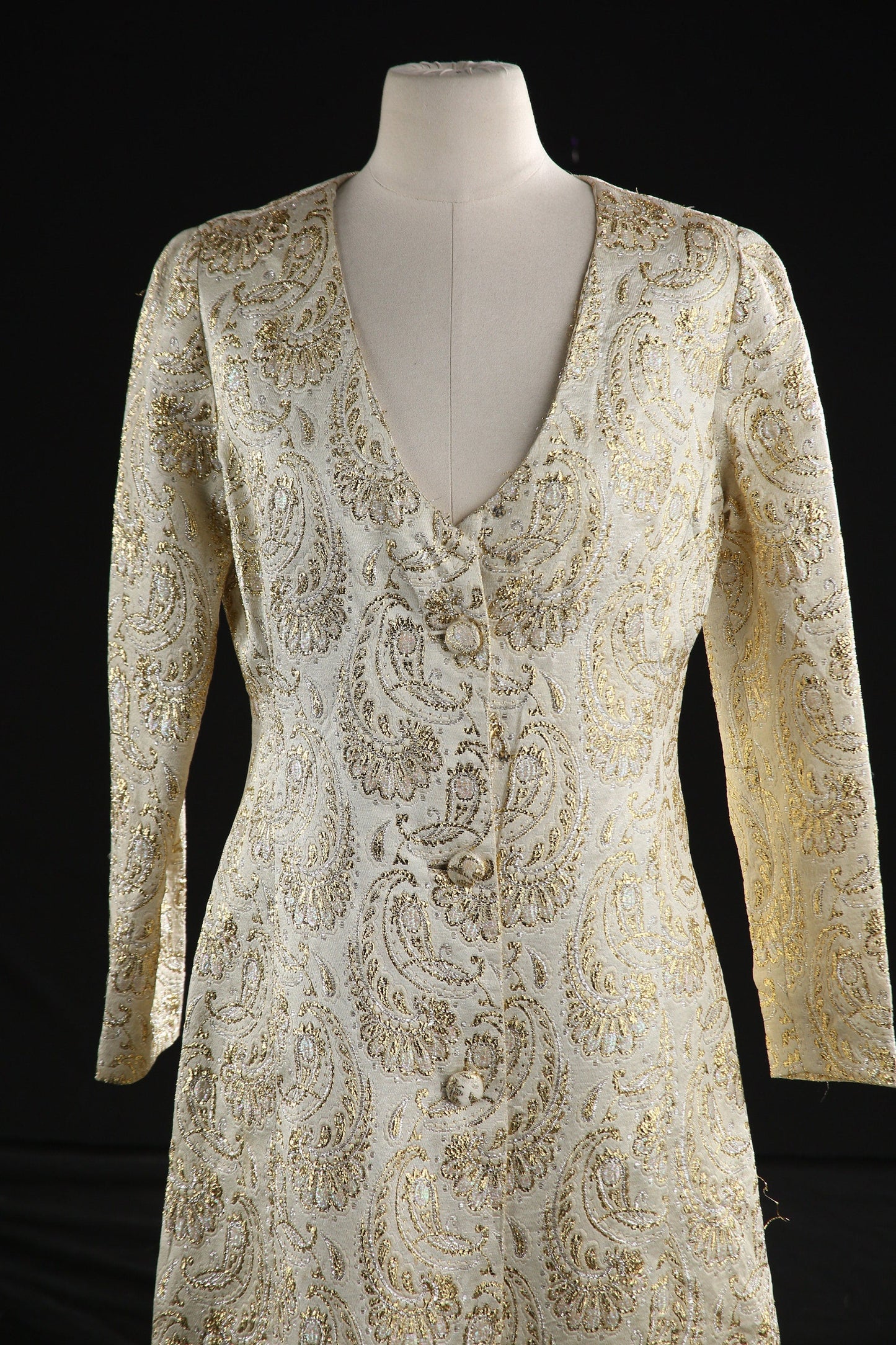 Vintage Button Down Dress with Golden Paisley Fabric Pattern - Estimated Era 1960' - 1970's