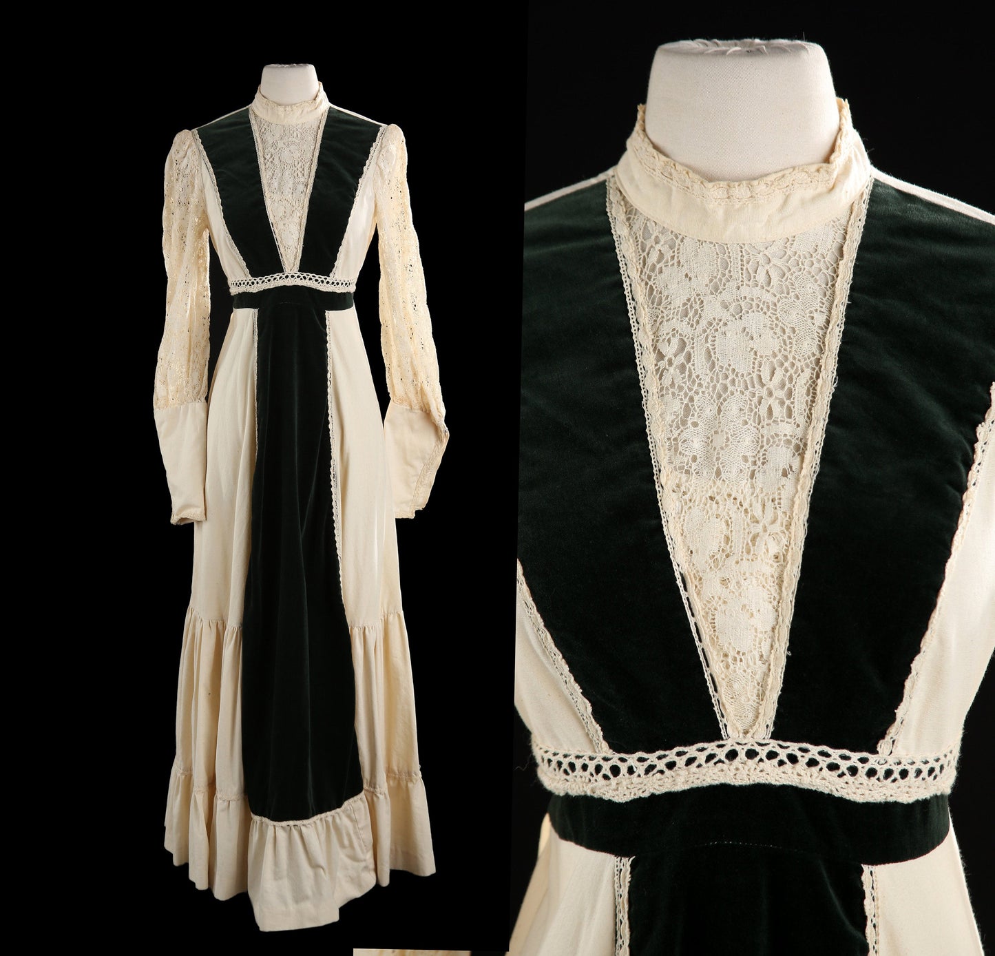 Vintage Beige Prairie Dress with Green Velvet Patchwork Details - estimated Era 1970's - 1980's