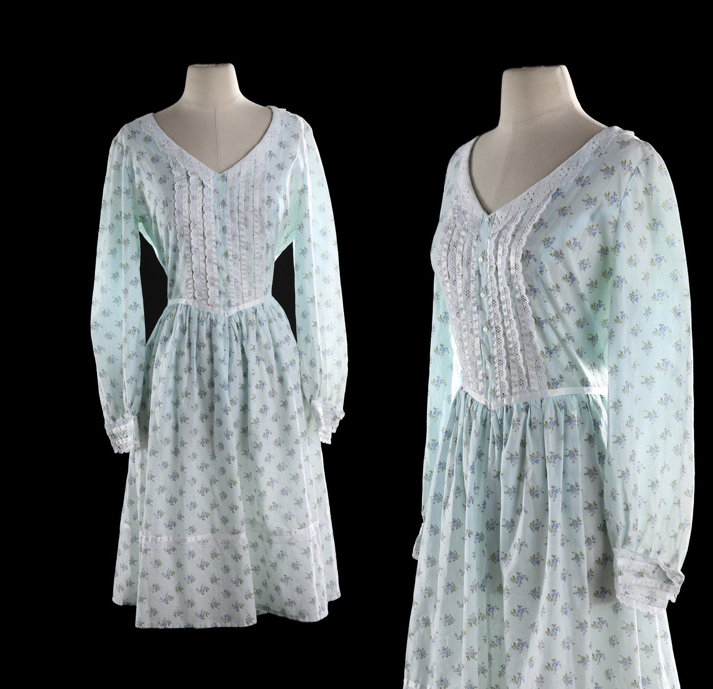 Vintage Prairie Dress with Blue Floral Print Pattern - Estimated Era 1970's - 1980's