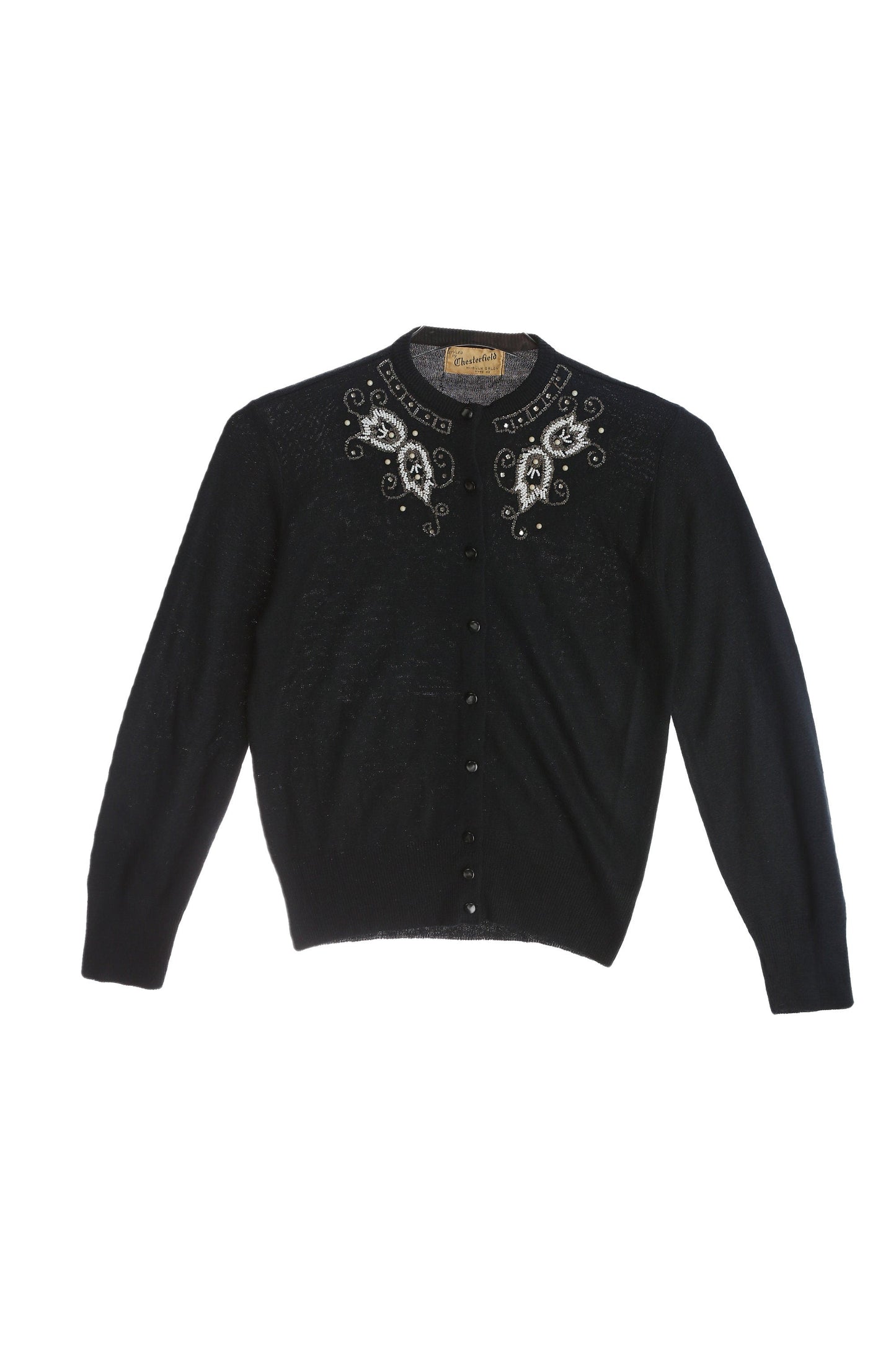 Vintage Women's Black Cardigan Sweater with Beaded Designs by Chesterfield