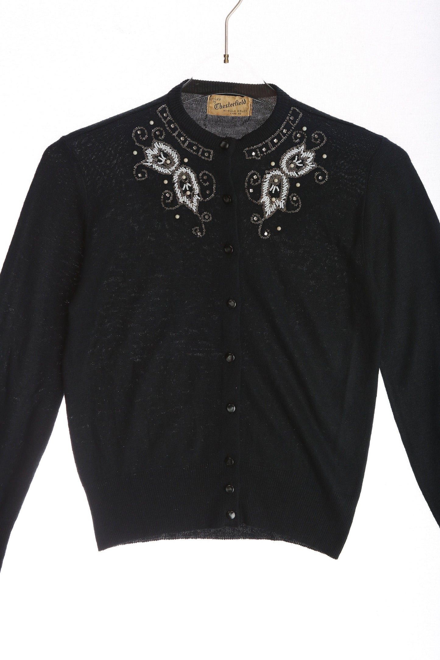 Vintage Women's Black Cardigan Sweater with Beaded Designs by Chesterfield