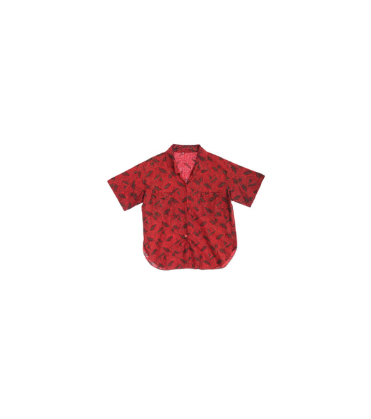 Vintage Women Red Cotton Top with Feather Print Details / Era 80s - 90s