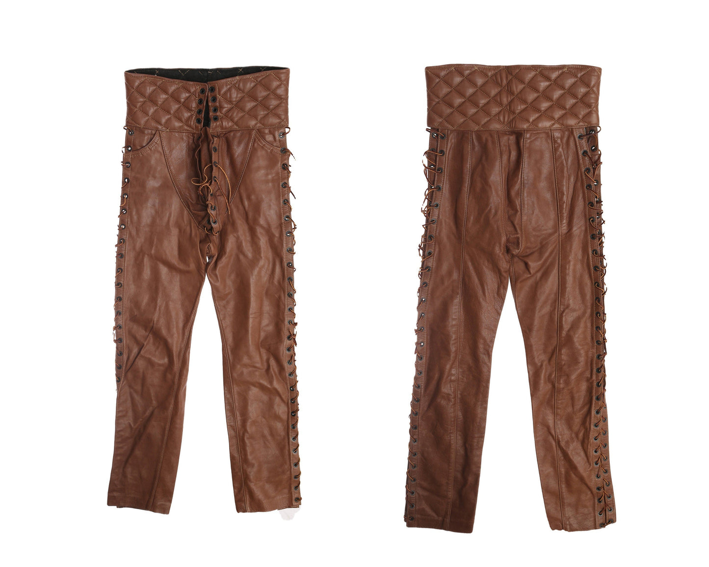 Vintage Men's High Waist Leather Born Pants with Side String Closures