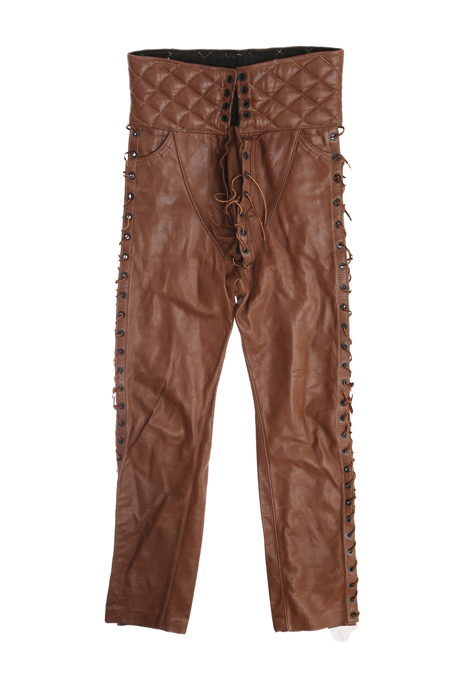 Vintage Men's High Waist Leather Born Pants with Side String Closures