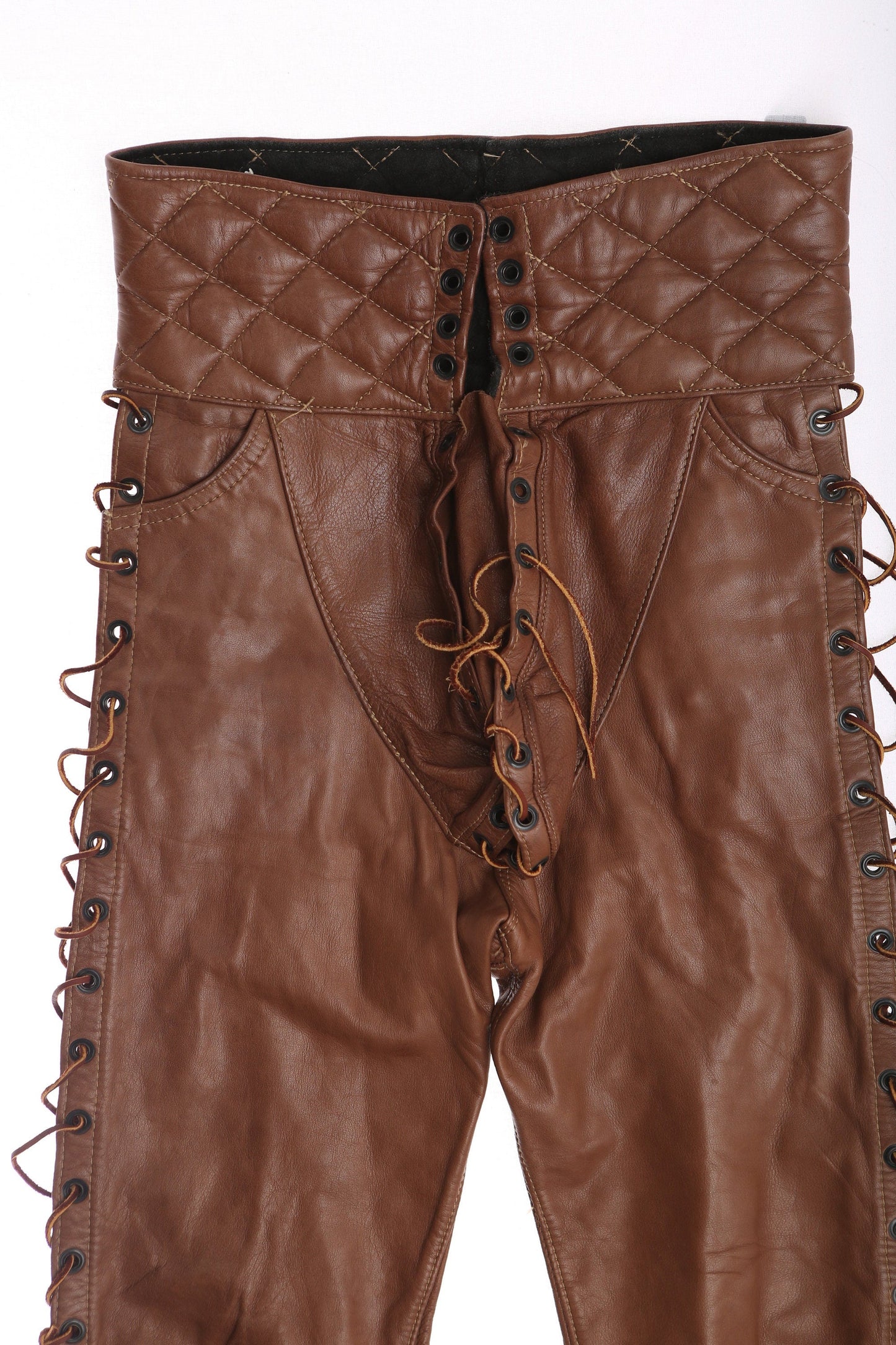 Vintage Men's High Waist Leather Born Pants with Side String Closures