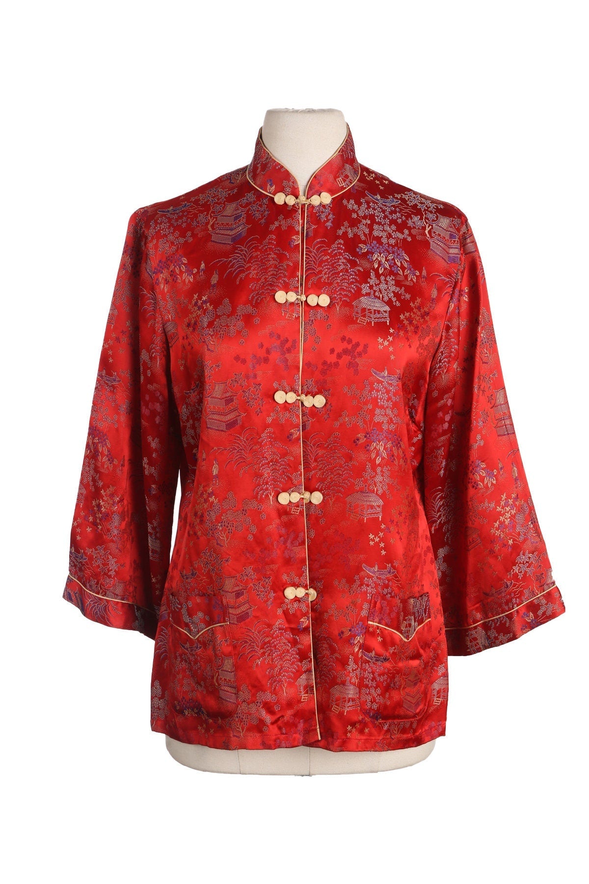 Vintage Cheongsam Jacket - Red Brocade Plant Print