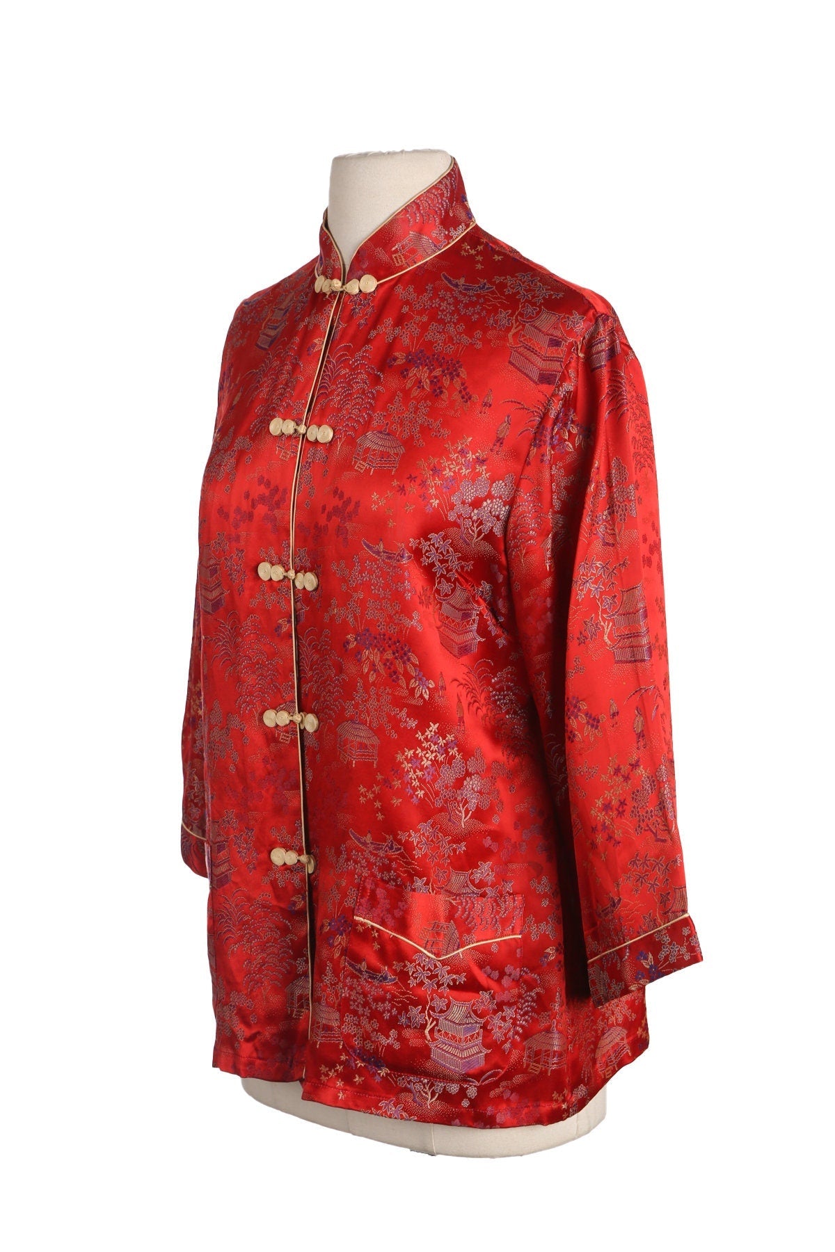 Vintage Cheongsam Jacket - Red Brocade Plant Print