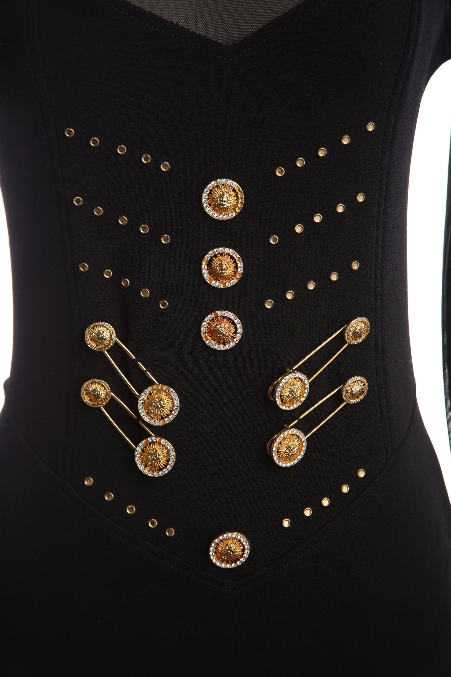 90s Black Evening Dress with Golden Button Front Details