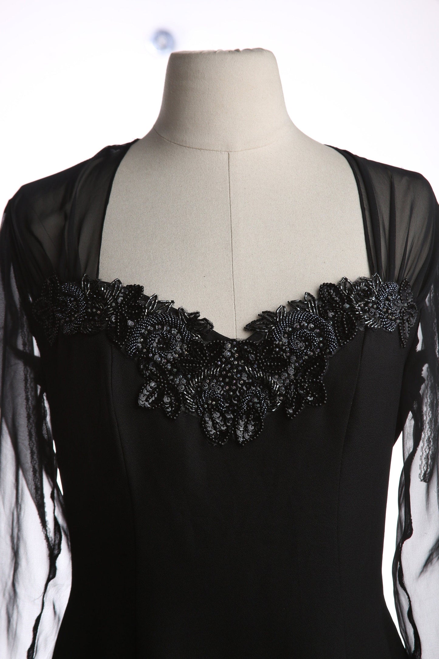90s Women's Black Evening Dress with Sheer Sleeves