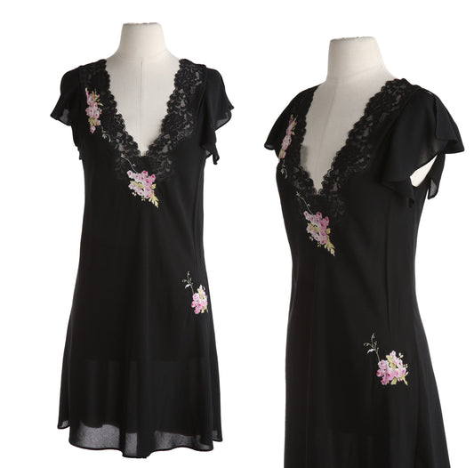 Y2K Black Casual Dress with Floral Print Details and Lace Collar