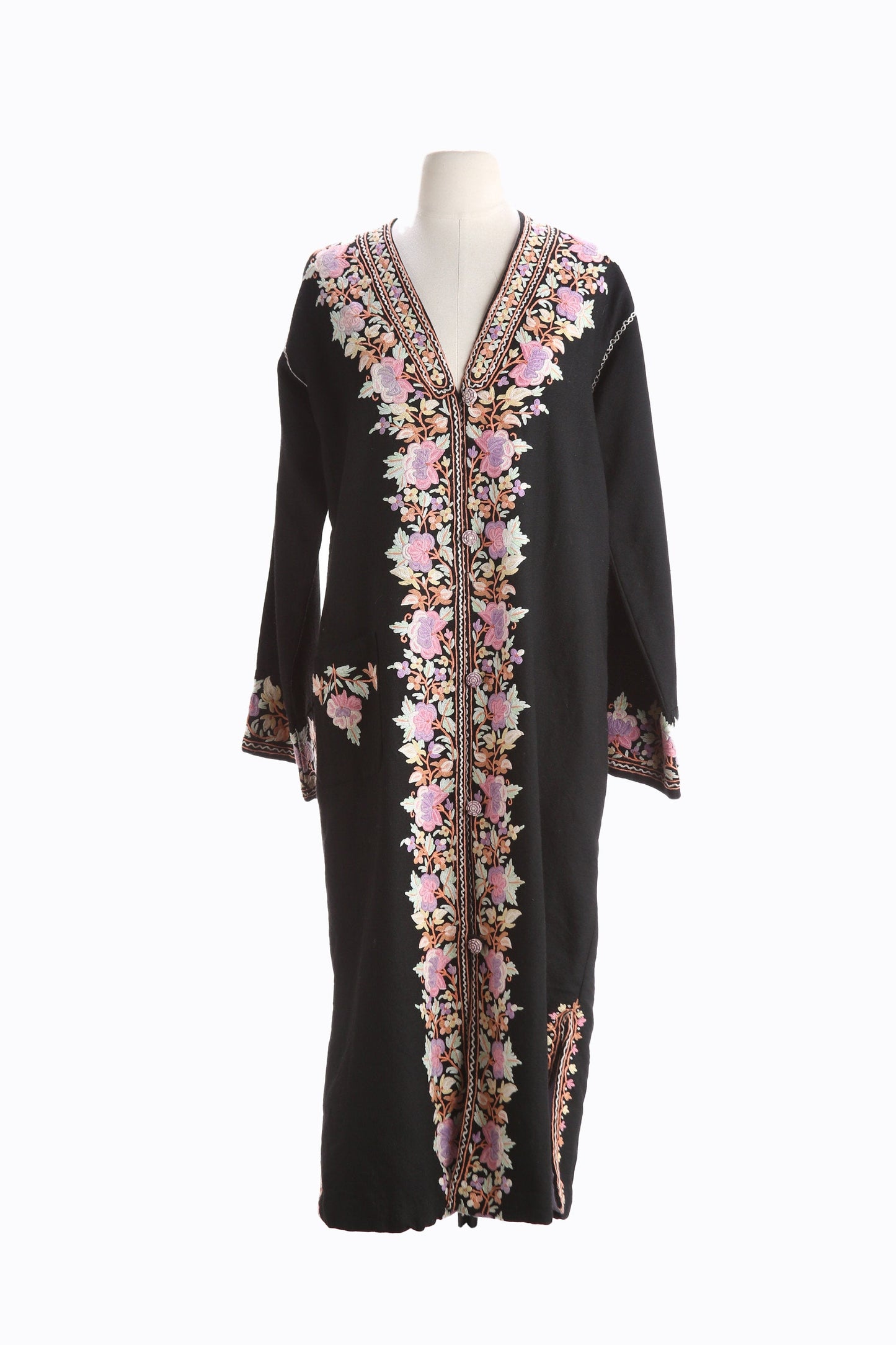 Vintage Women's Black Tunic Dress with Floral Embroidery
